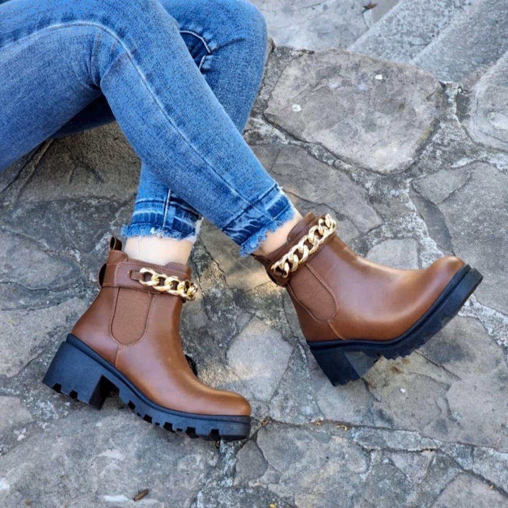 Women’s Tan Chain Decor Platform Chelsea Boots - Picture 3 of 3